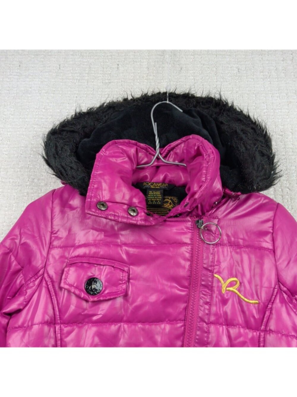 Y2K Rocawear Faux Fur Pink Puffer Jacket Sz *M* McBling Glam Rhinestone Read - Picture 3 of 16